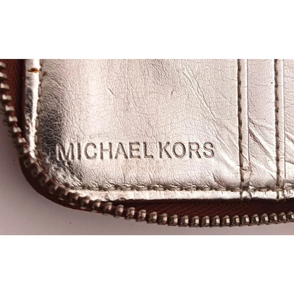 Michael Kors Brown Pebbled Leather 4X5 Zip Around Wallet Silver Leather Lining